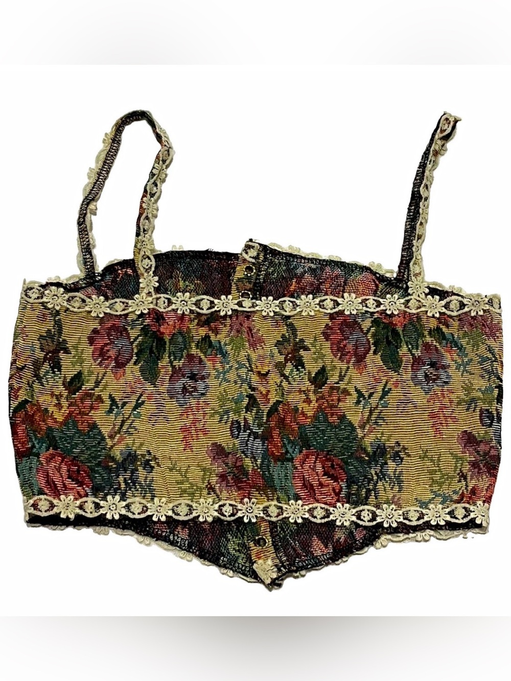 Floral Lace Trim Tapestry Corset Top, Lace-Up Back, S
